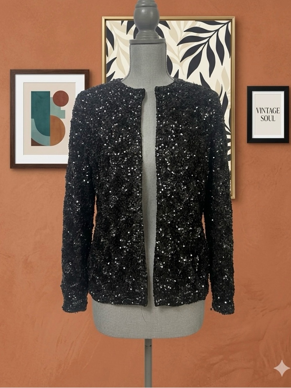 Vintage European 1970’s Black Sequin Open-Front Jacket
